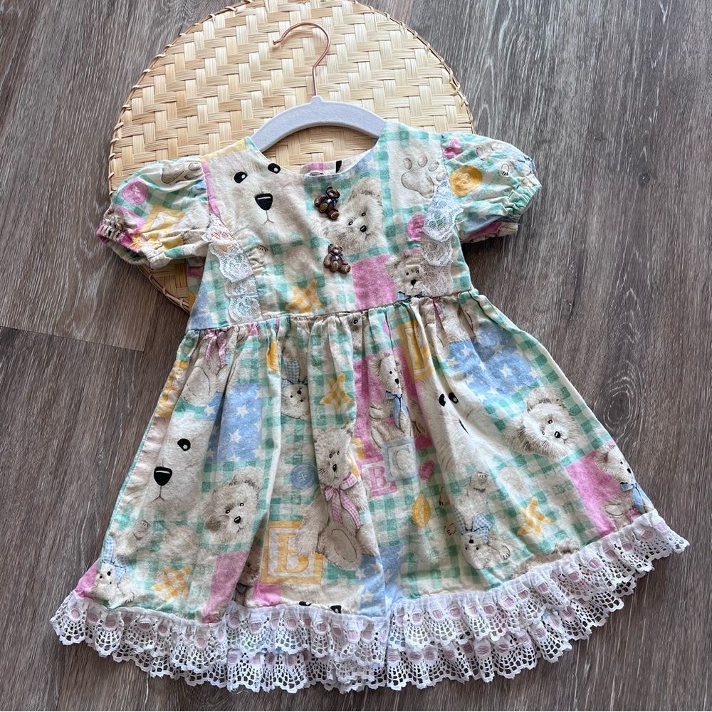 Vintage teddy bear printed lace trim‎ dainty dress